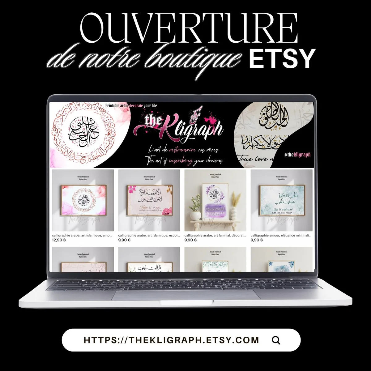 The Kligraph's Etsy shop shown on a laptop